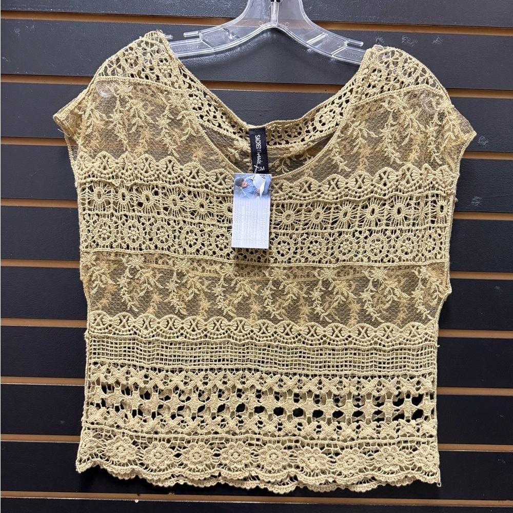 Sacred Threads Boho Crochet Lace Crop Top Tan Women’s Small NWT